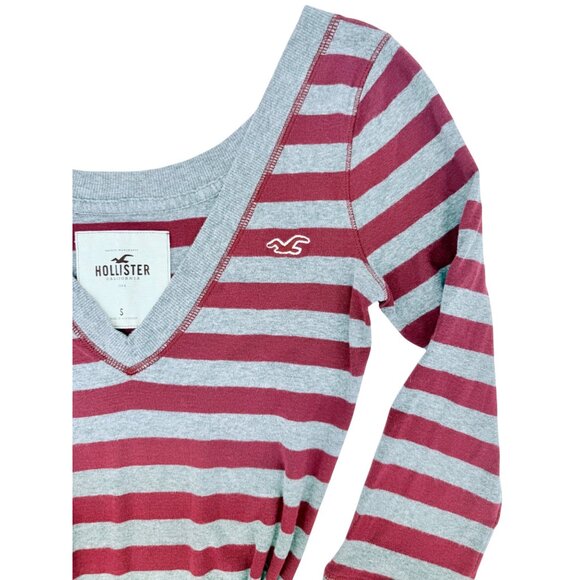 Vintage Y2K Hollister Burgundy & Gray Deep V-Neck Striped Sexy Tunic Mini Dress - Picture 4 of 16